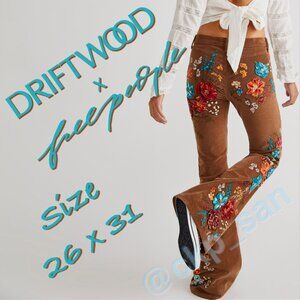 Free People x Driftwood Farrah Embroidered Cord Flare Jeans Sz 26